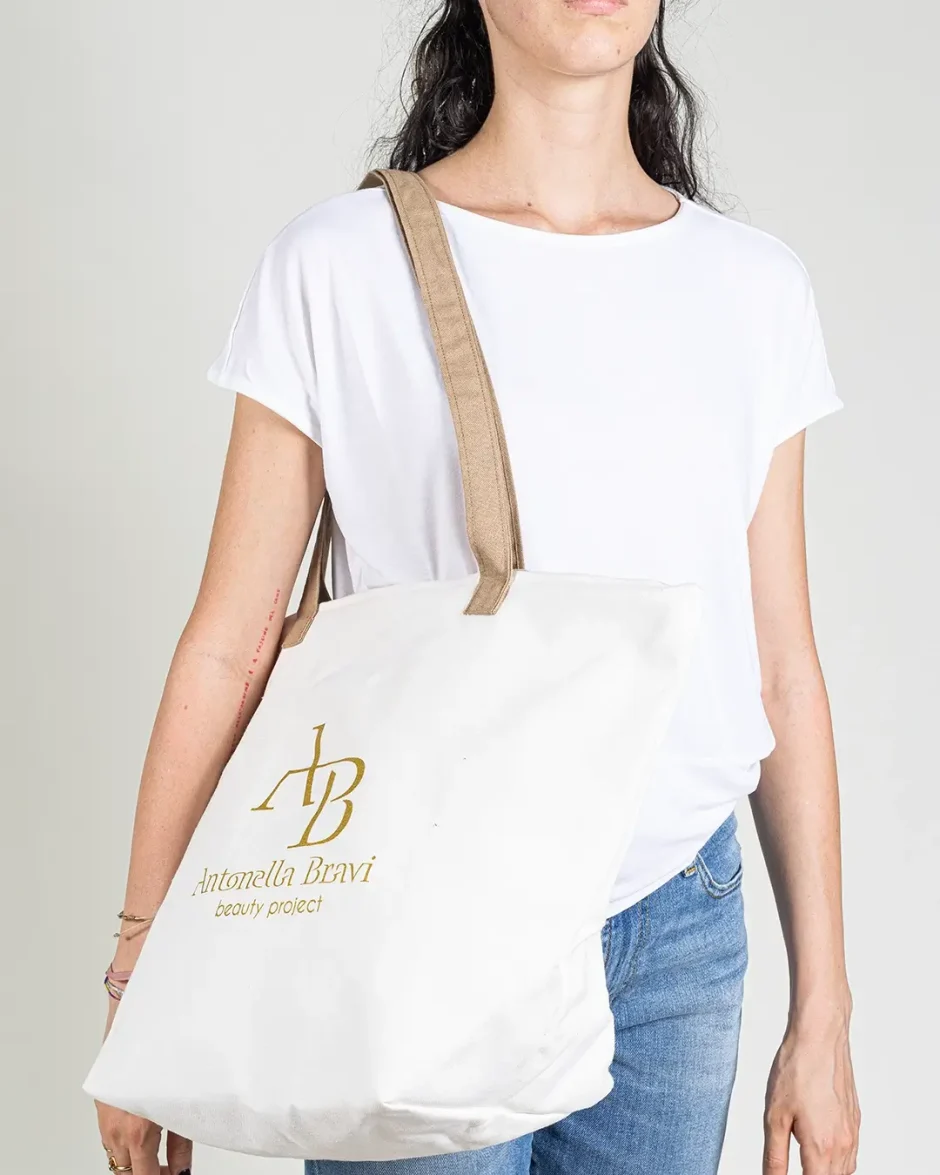 Borsa mare con manici in tessuto colorato e grafica