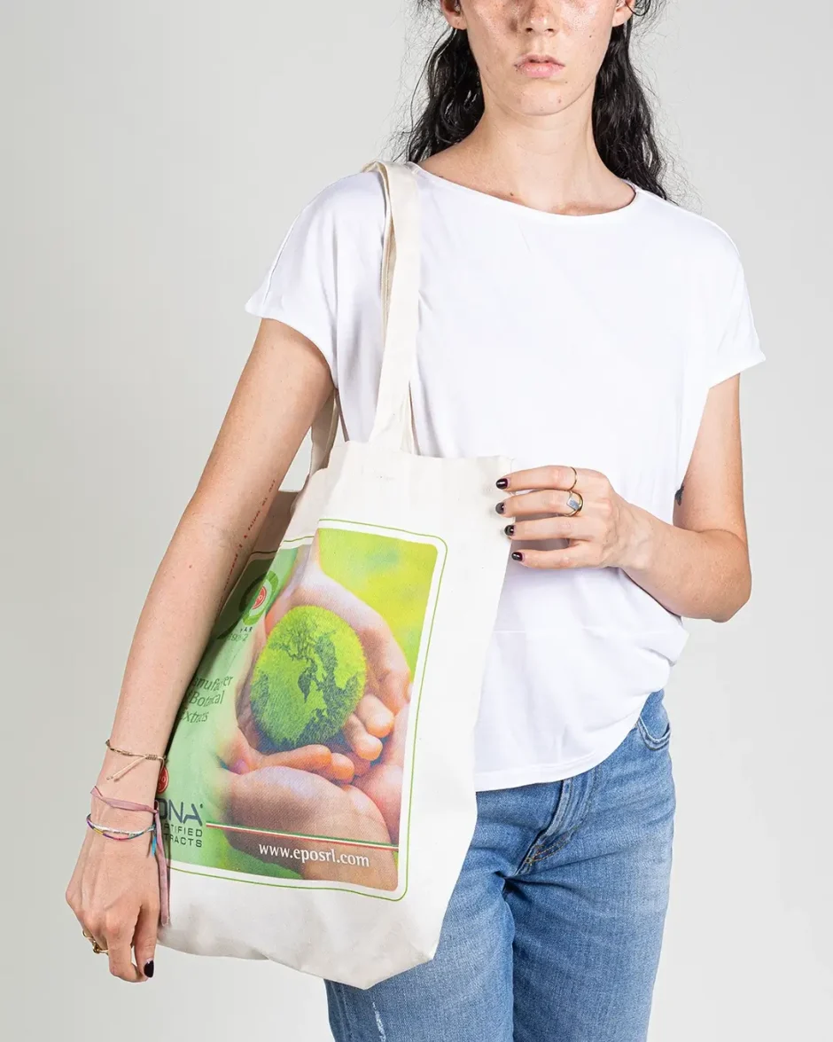 Shopper in cotone con stampa e soffietto resistente